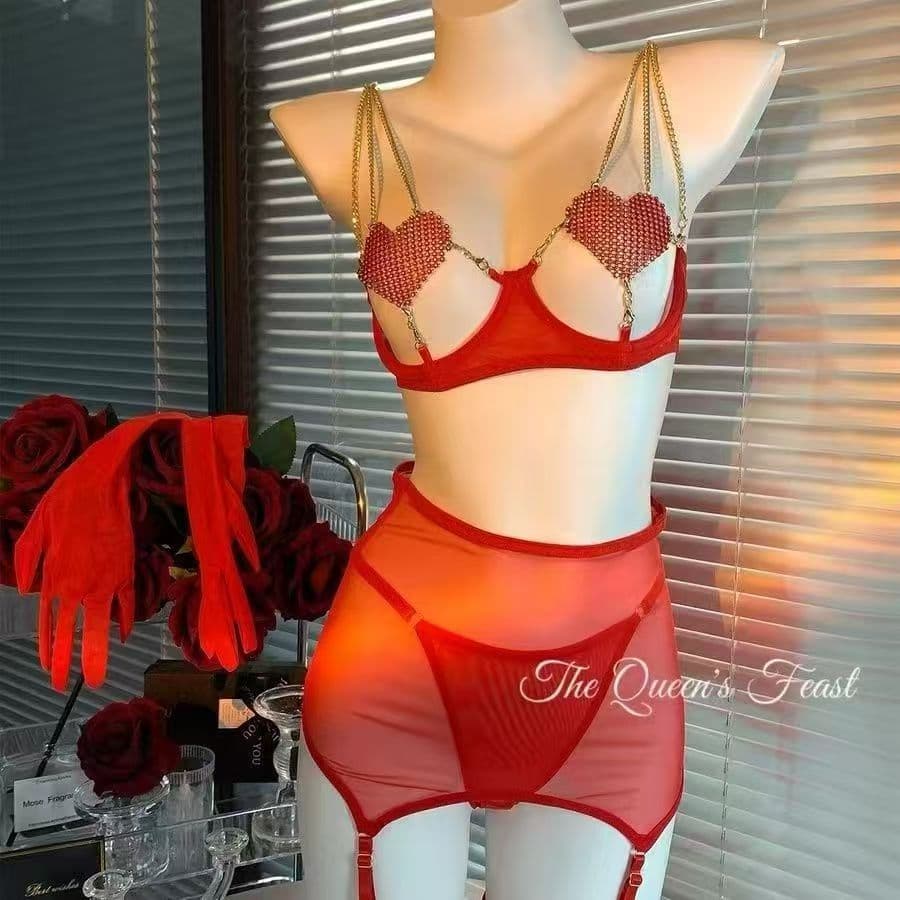 Sexy Bra Set Red Lingerie Hollow Out Push-Up European American Lace