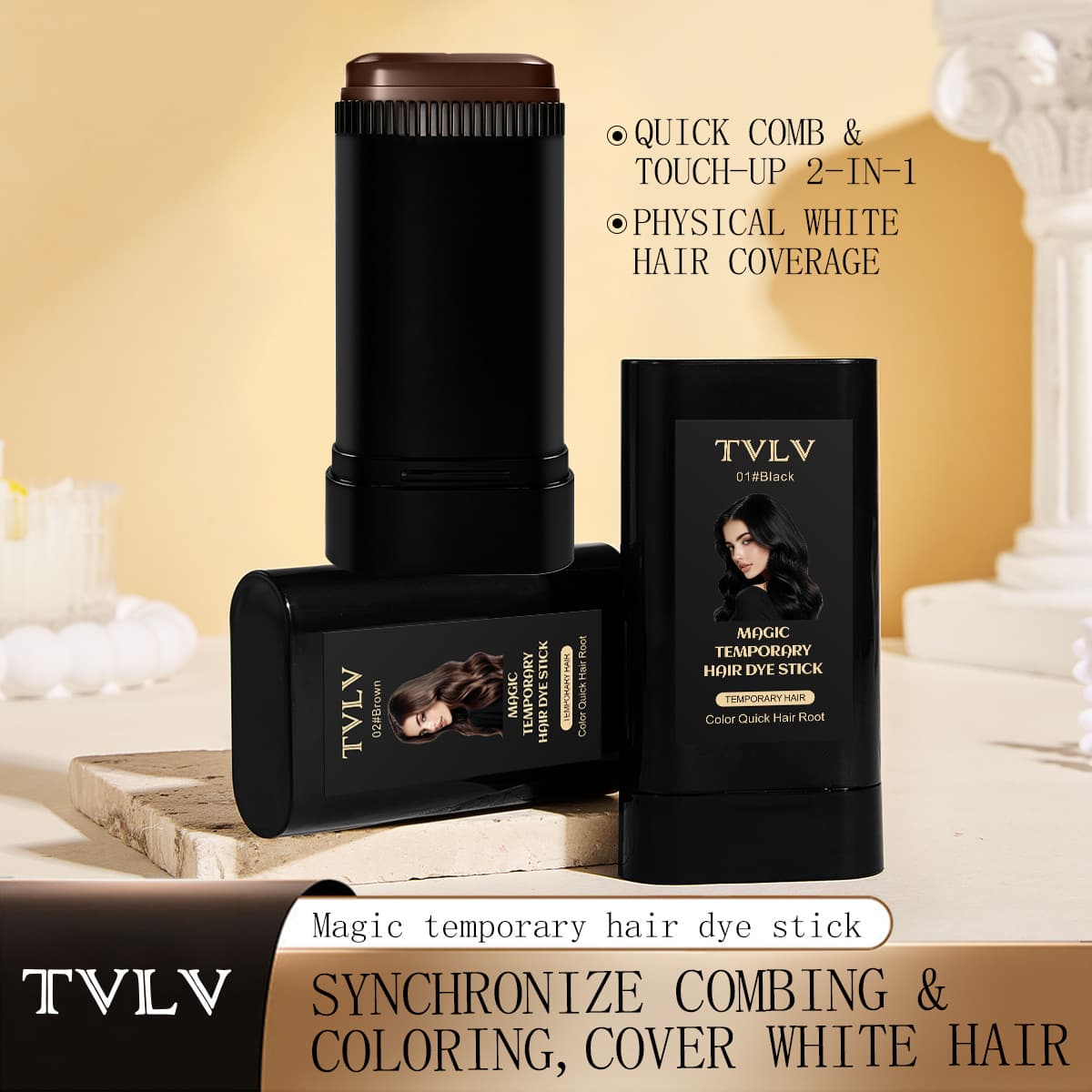TVLV Color-Depositing Hair Color Stick, Gray Coverage Comb & Dye 2-in-1, Emergency Root Touch-Up, Plant-Based Gentle Formula, Cross-Border