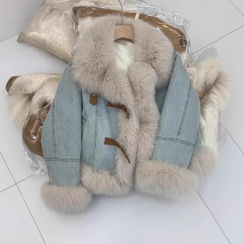 Korean-style Design Faux Fur Collar Blue Denim Jacket Fashionable Quilted Thickened Down Warm Faux Fur Coat