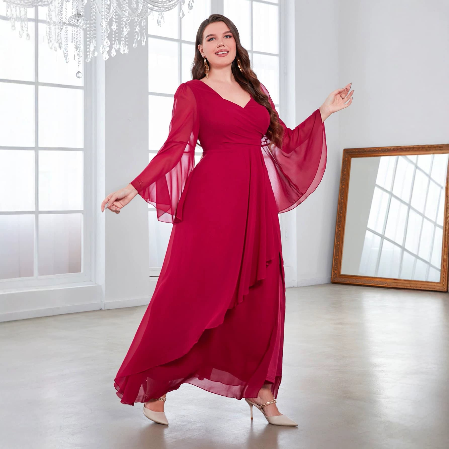 H261 European and American Plus Size Women's V-Neck Irregular Hem Chiffon Dress with Slit, Amazon Women's Dress, Bridesmaid Dress
