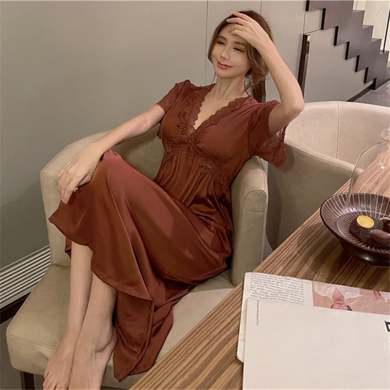 Summer Short-Sleeve Ice Silk Pajamas Women's Long Dress with Chest Pad Elegant Lace Homewear