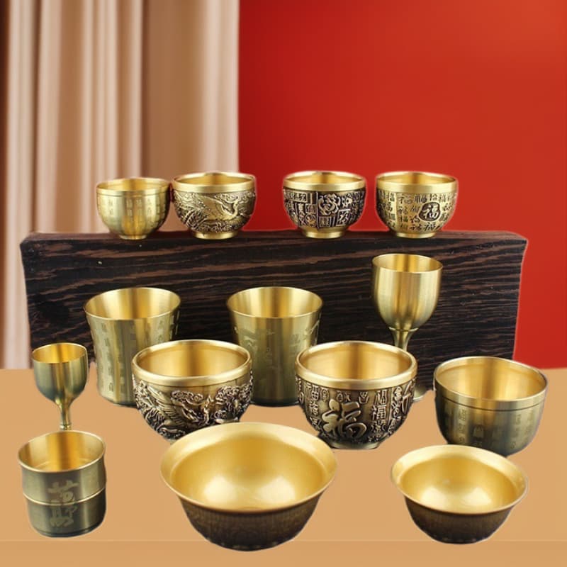 Brass Wine Cup, High-End Home Use, Hundred Blessings Cup, Dragon and Phoenix Cup, Tea Cup, Chinese Style, Wholesale, Four Divine Beasts Wine Cup