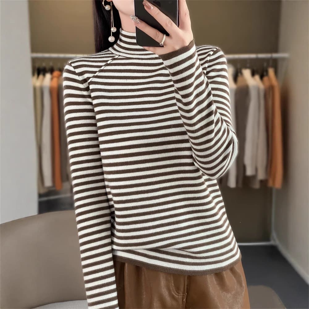 New autumn and winter sweaters, half turtleneck, versatile long-sleeved knitted striped inner wear, loose pullover bottoming shirt for women