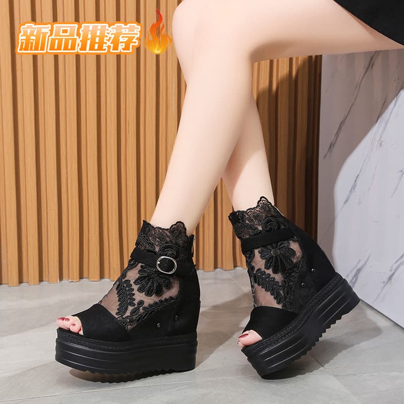 2023 Summer Black Peep-Toe Sandals Ultra-High Heel Platform Thick Sole Hollow Embroidered Height-Increasing Sandals
