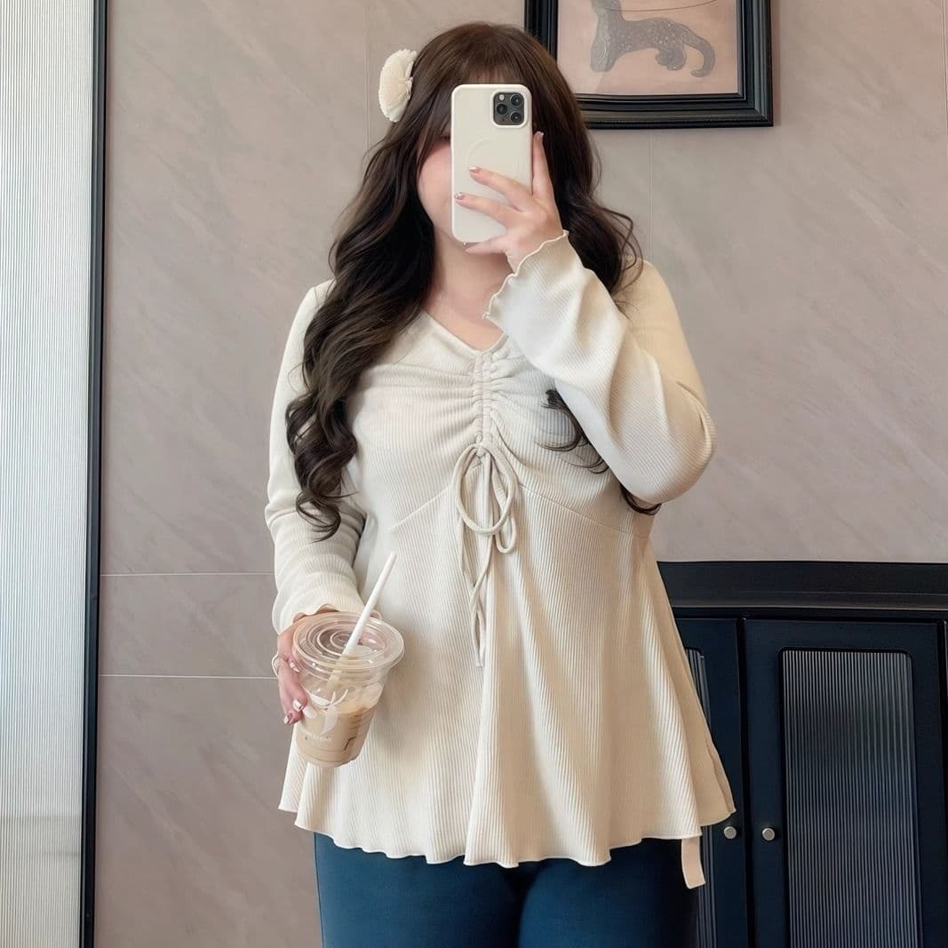 Large size drawstring V-neck long-sleeved T-shirt for women spring and autumn new style fat mm loose and slimming to cover the flesh with bottoming shirt top for women