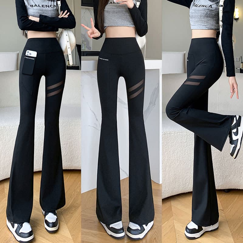 Ice Silk Pocket Flared Pants for Women, High-Waisted Horse Hoof Flared Casual Shark Pants, Five-Point Shark Pants for Women, Outerwear