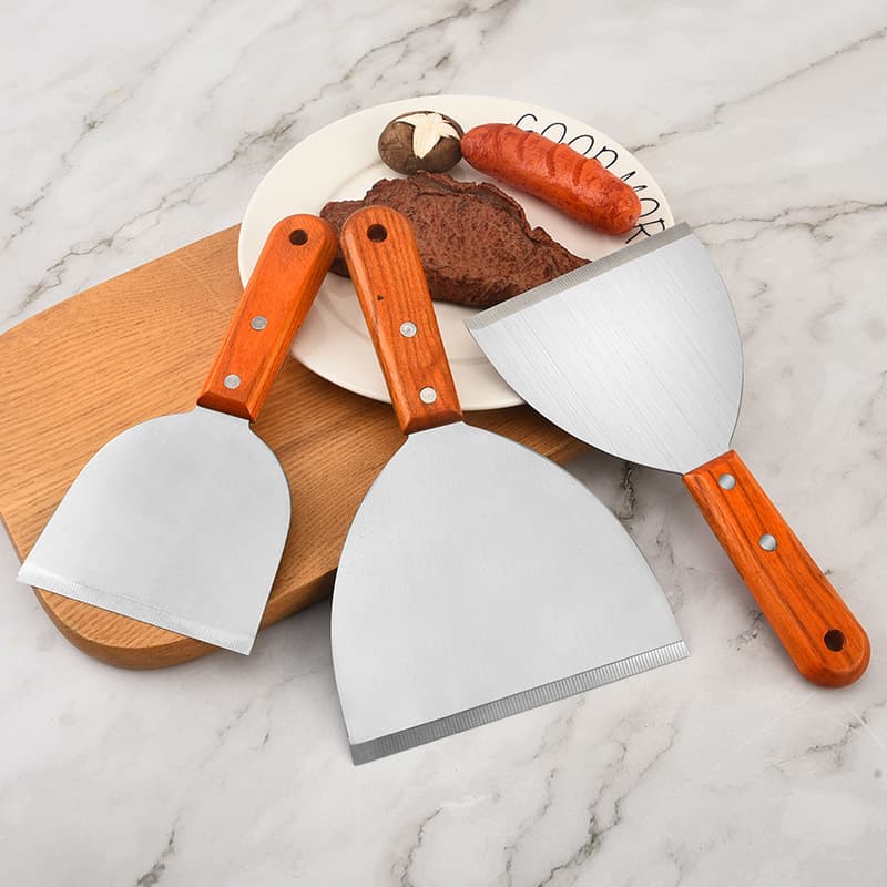 Factory Direct Steak Spatula, Wooden Handle Stainless Steel Sharpened Edge, Teppanyaki Flat Pan Multi-Purpose Spatula 902 Flat Edge