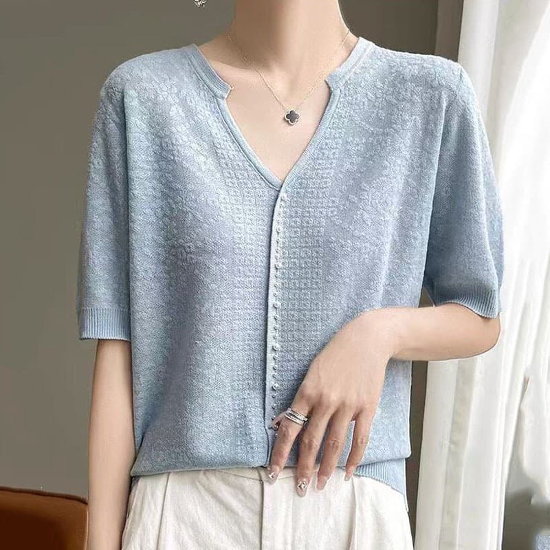 Summer new short-sleeved T-shirt for women V-neck dark pattern beading Western-style shirt versatile hollow crochet knitted top