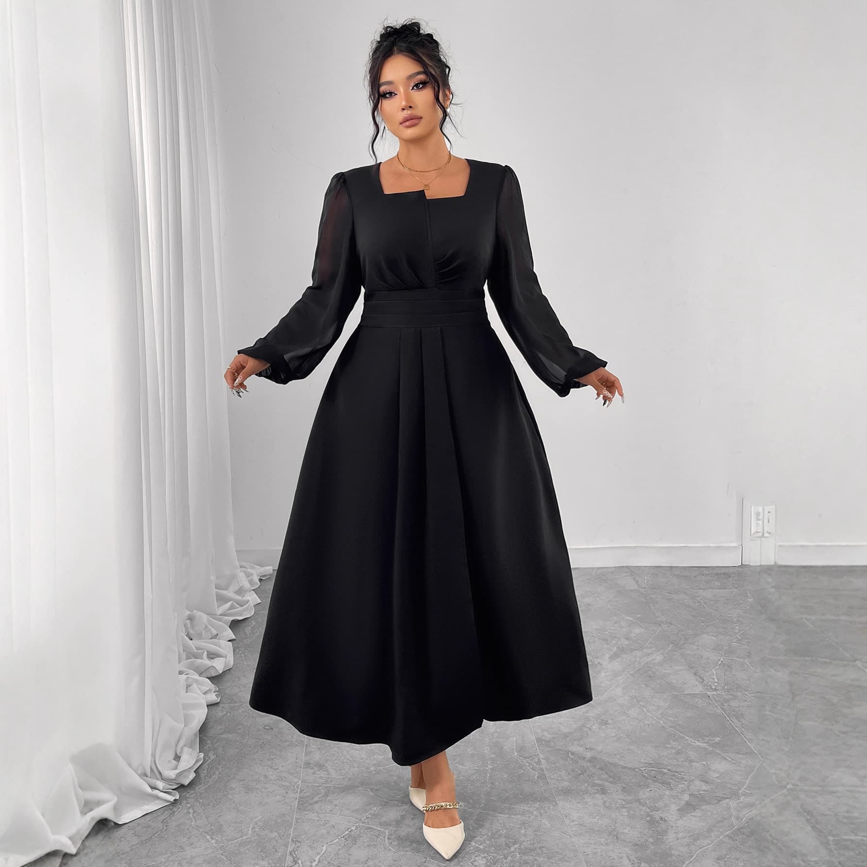 European and American Autumn French Elegant High-Waist Pleated Dress Square Neck Long Sleeve Plus Size Dress