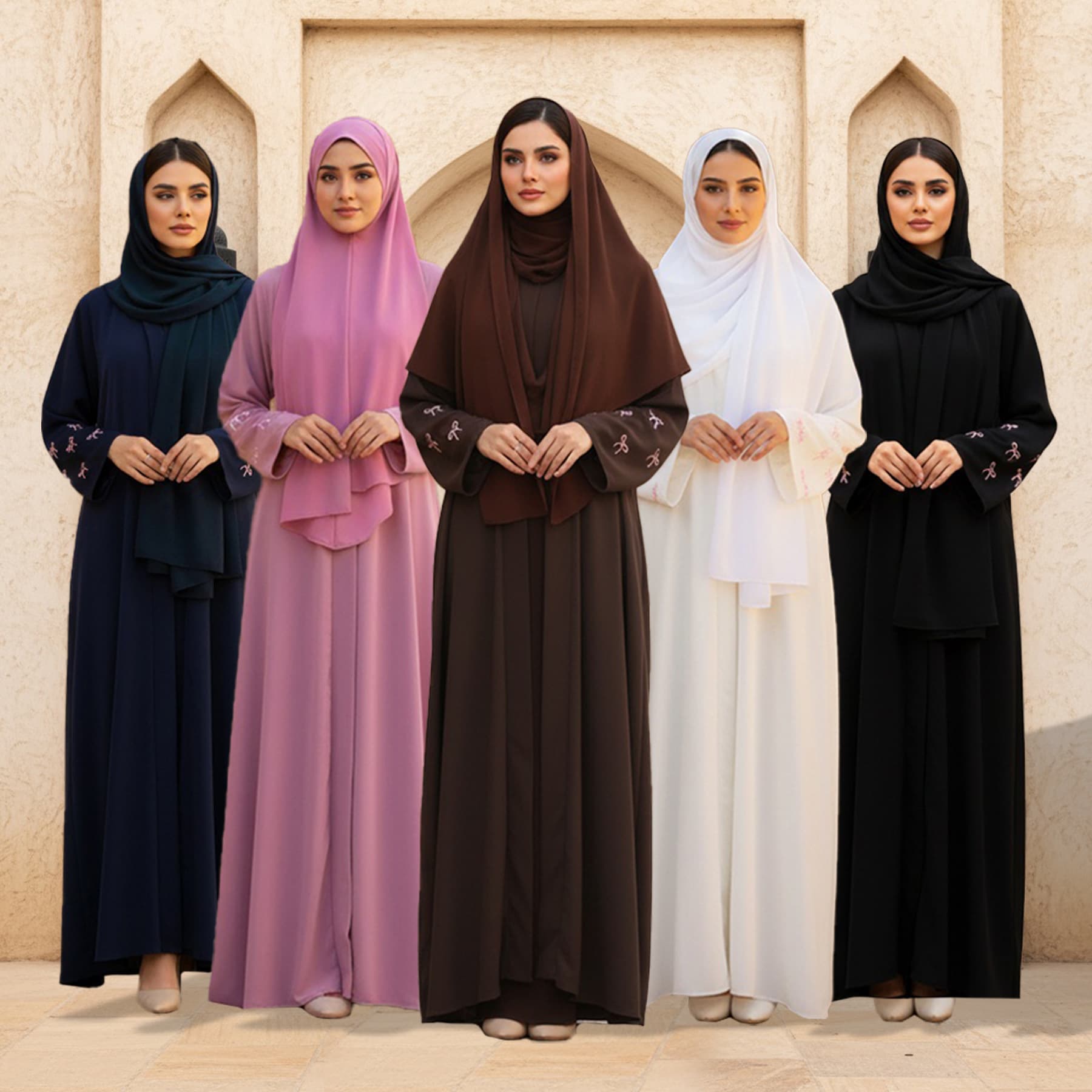 LN986 Women's Bow Embroidery Sleeve Long Cardigan Headscarf Set Loose Commute Elegant Two-Piece Long Dress