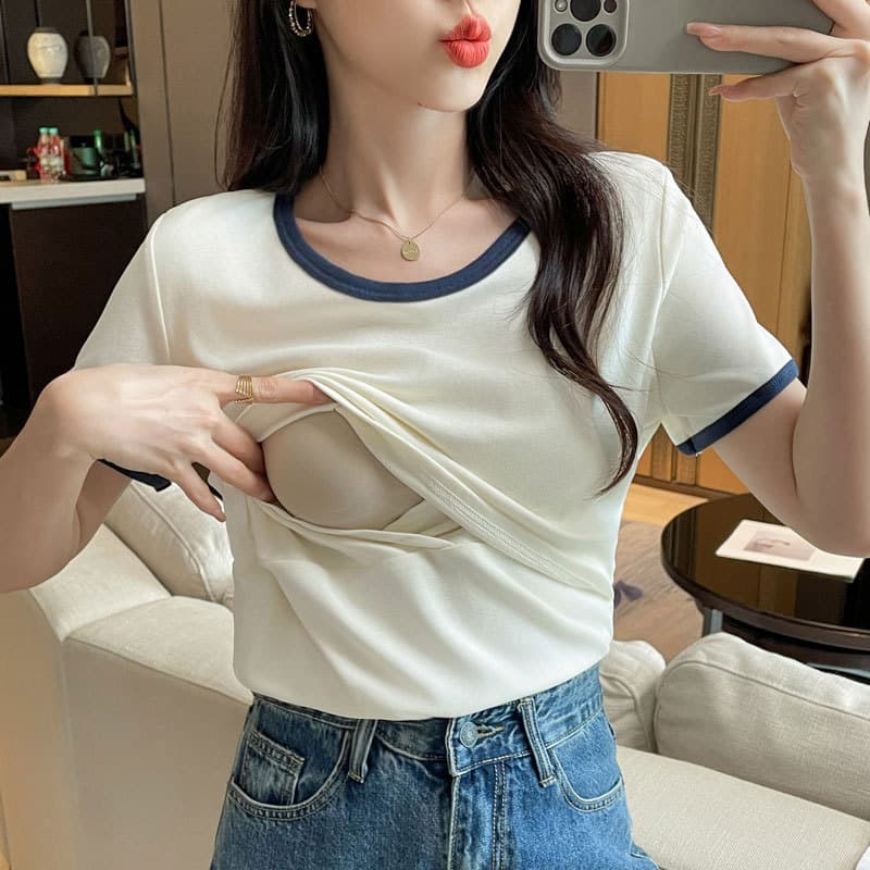 Maternity Wear 2026 Summer New Style Nursing Clothes Pure Cotton T-Shirt Postpartum U-Neck Color-Blocking Nursing Short-Sleeve Top Maternity Wear