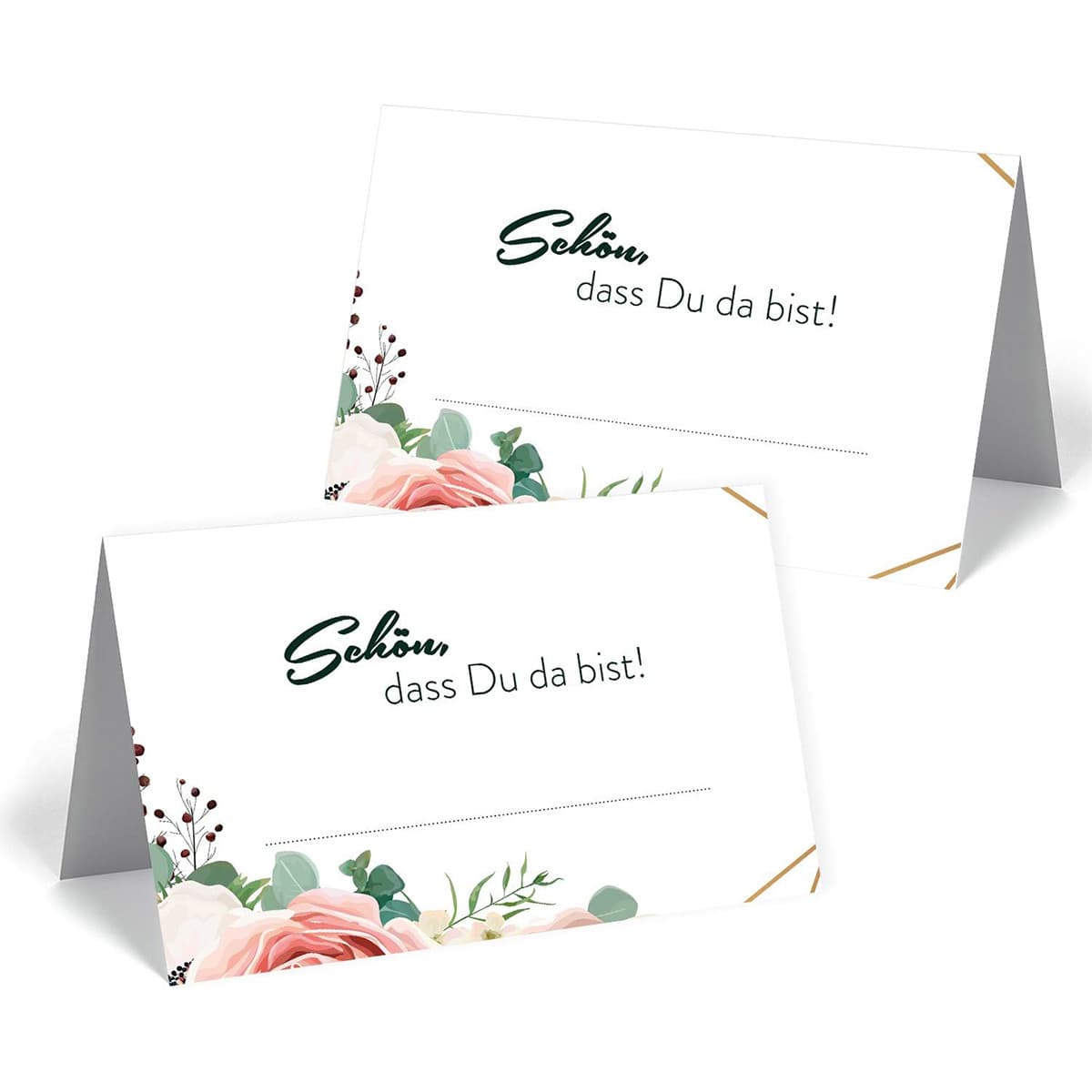 Forest pink rose eucalyptus wedding place card German welcome slogan guest seat card banquet table card