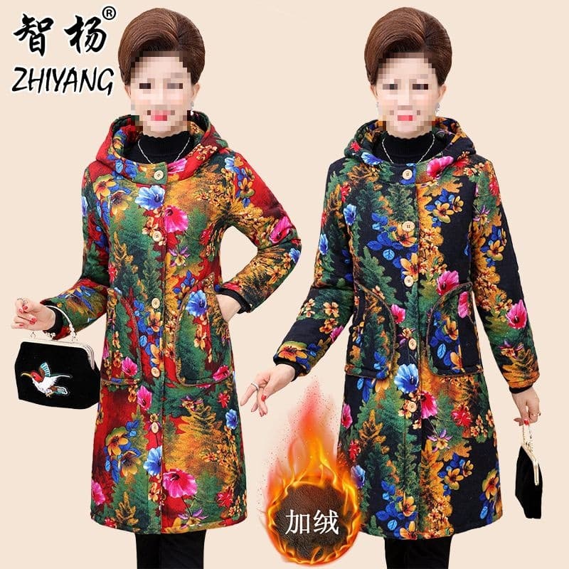 Thick, long, fleece-lined winter cotton-padded coat for middle-aged and elderly mothers, warm and cozy for grandmothers.