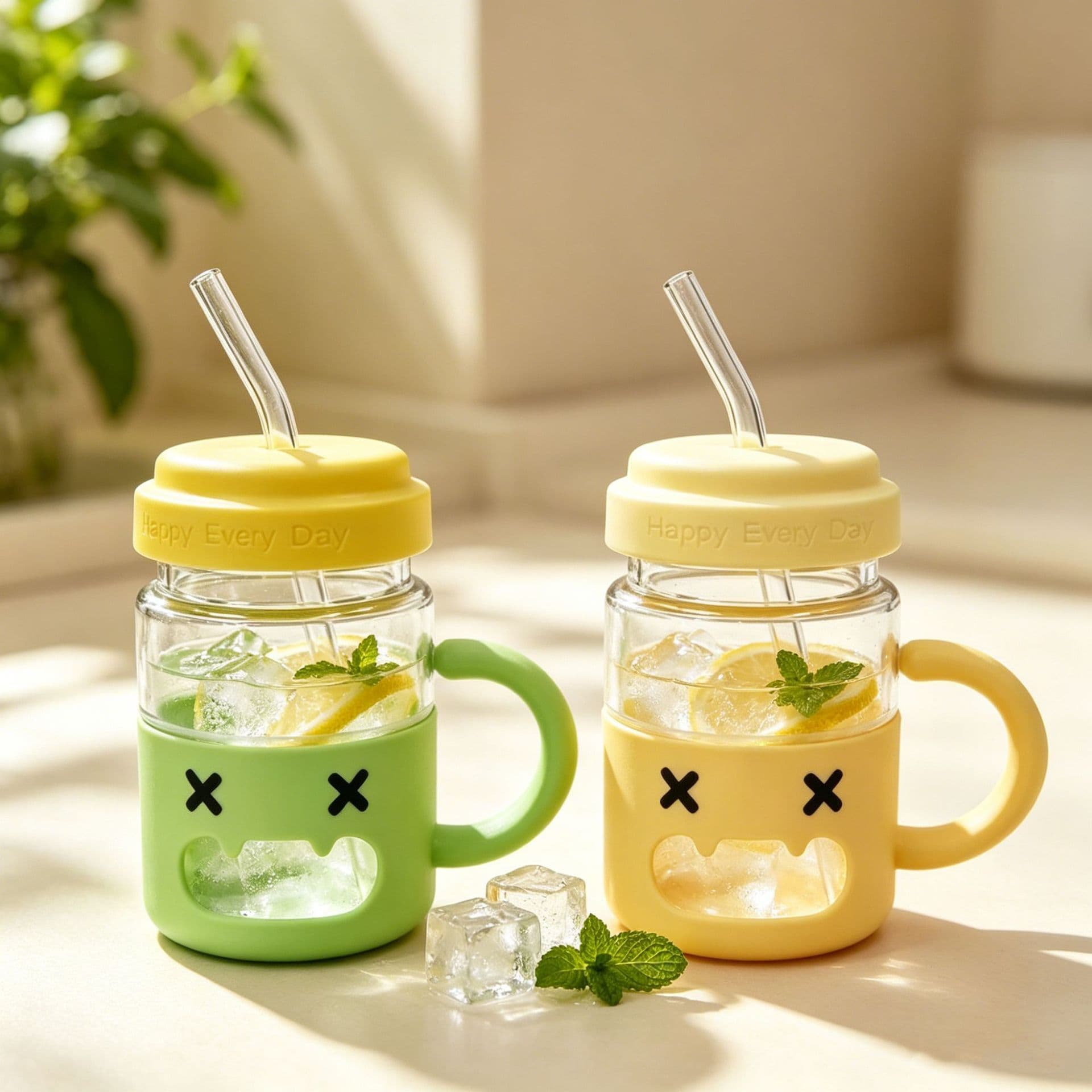 New little monster straw cup ins style handle glass cup with lid cold drink coffee cup promotional gift cup