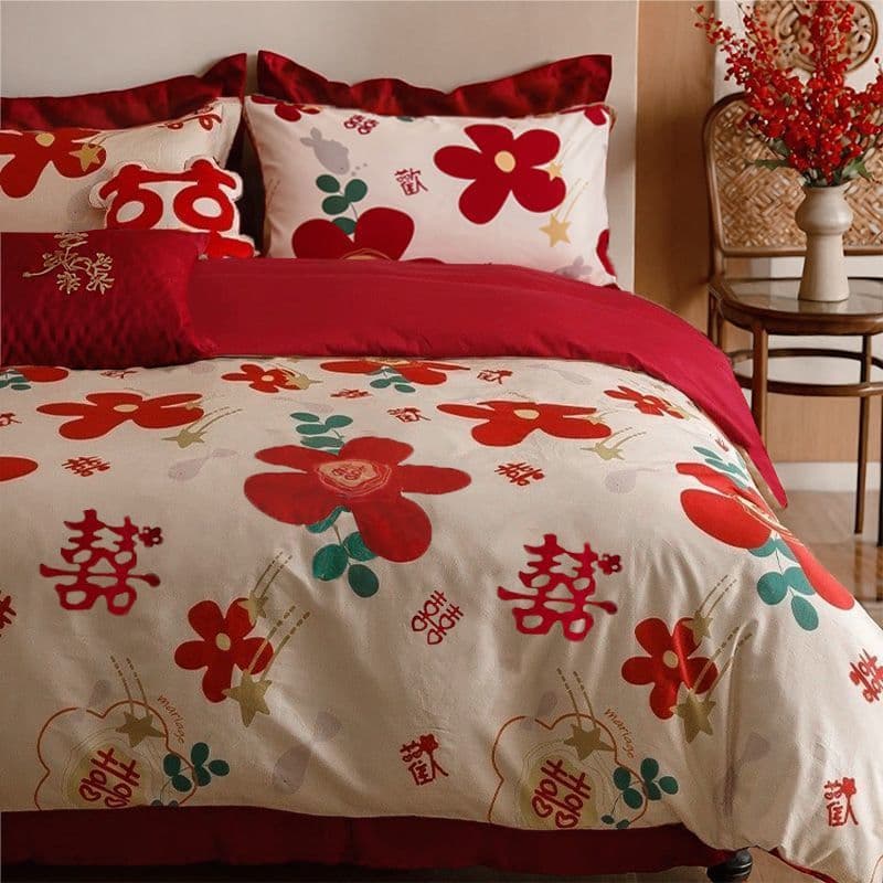 Wedding four-piece set, Chinese double happiness print duvet cover, high-end wedding festive bed sheet, bright red bedding factory.