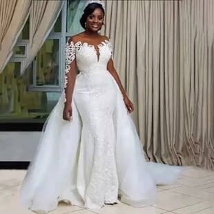 Elegant New Bride Lace Long-Sleeve Mermaid Wedding Dress with Small Train, High-End Spring/Fall Style, Ceremony Gown
