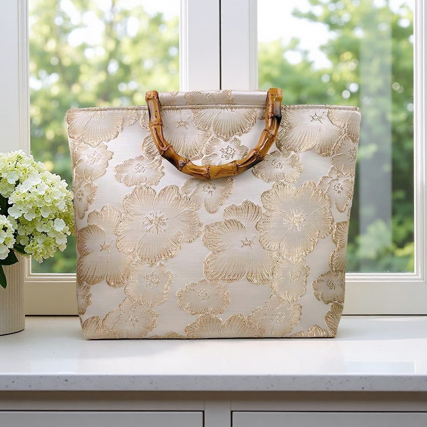 Cross-border bag new product Chinese style embroidered bamboo handle light blue hot stamping flowers ladies handheld tote bag canvas bag