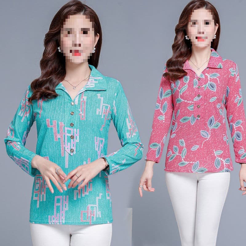 Middle-aged and elderly women's clothing spring and autumn long-sleeve base layer top - age-appropriate for middle-aged moms, new style for spring and summer.