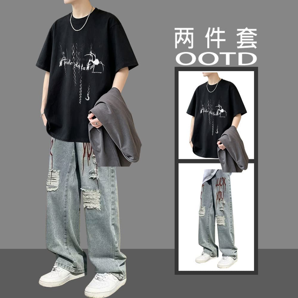 American-Style Short-Sleeved T-Shirt Boys' Summer Suit, Handsome Student Fashion Outfit for Teenagers, Loose and Casual