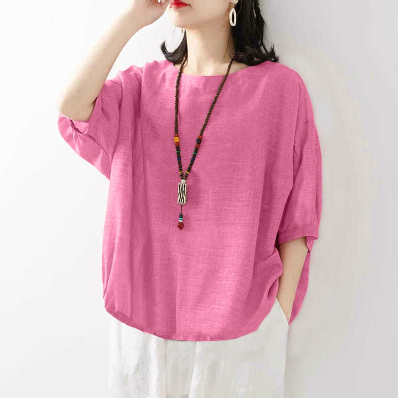Cotton Top Women's Imitation Cotton Linen Short Sleeve Plus Size Shirt Women's Loose Pullover Solid Color Short Sleeve T-Shirt