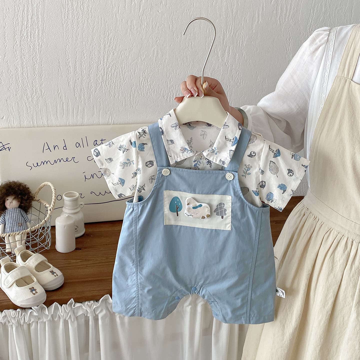 Baby Boys Summer New Plant Print Short Sleeve Shirt Korean Style Cartoon Overalls Two-Piece Set Summer Trendy