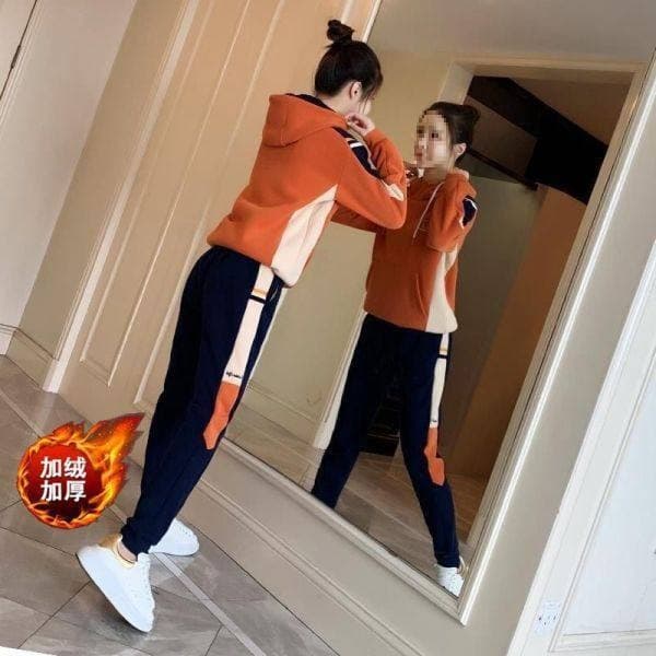 Fleece-Lined Casual Sportswear Suit for Women, Spring/Autumn New Fashion Hoodie Stylish Thickened Sweatshirt Two-Piece Set