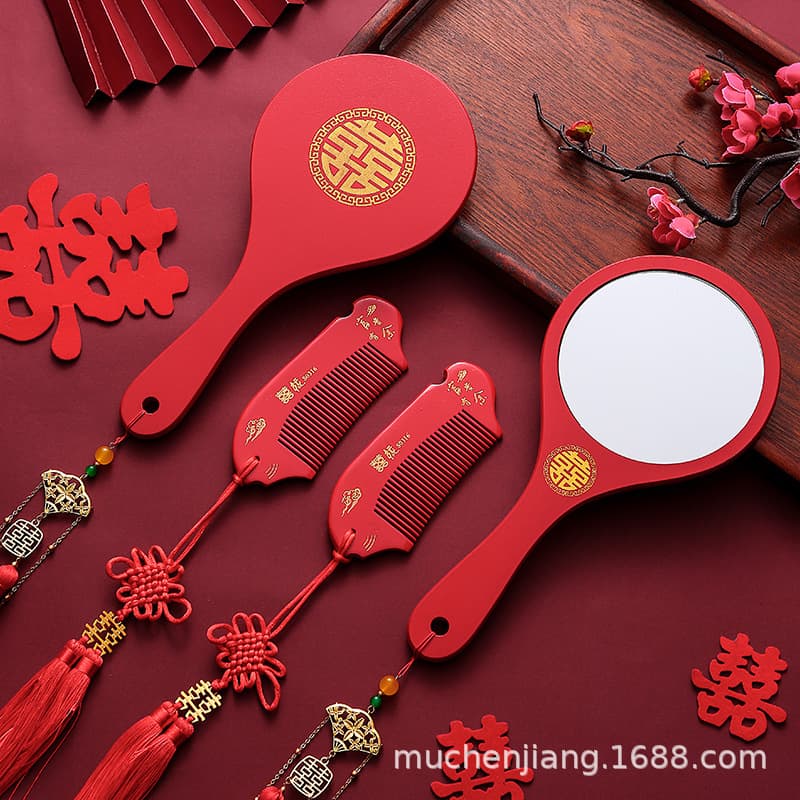 Wedding Preparation Supplies, Bride's Dowry Handheld Makeup Mirror, Wedding Happy Mirror, Red Comb Pair Dowry