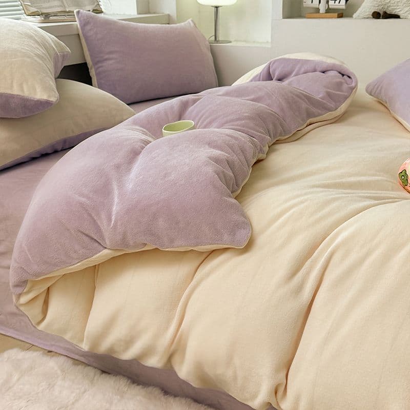 Solid Color Milk Fleece 2025 New Winter Bedding 4-Piece Set, Double-Sided Coral Flannel Sheet and Duvet Cover 3-Piece Set