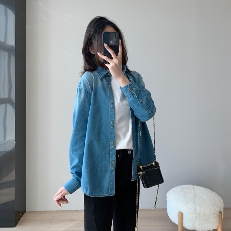 Spring Hot Item! Retro Gradient Washed Turn-Down Collar Layering 100% Cotton Denim Shirt Early Spring H022823