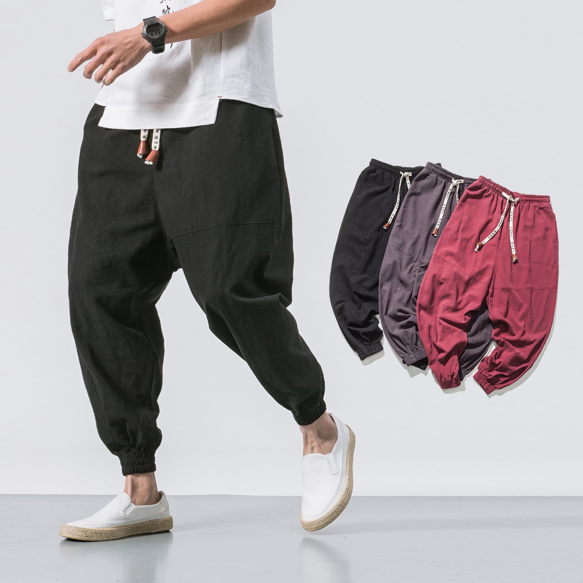 Spring/Summer Chinese-style Linen Pants for Men, Casual Drawstring Pants, Japanese Retro Loose Long Pants, Cotton-Linen Tapered Pants