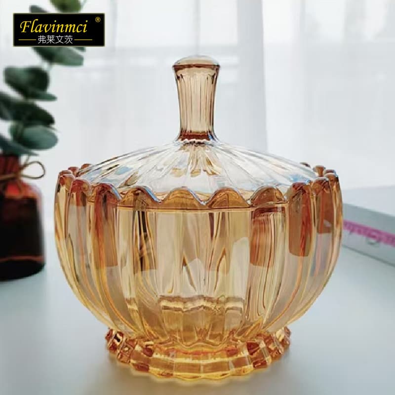 Creative Lotus Amber Glass Candy Jar Storage Jar Dried Fruit Jar with Lid for Home Living Room Sugar Bowl Fruit Holder