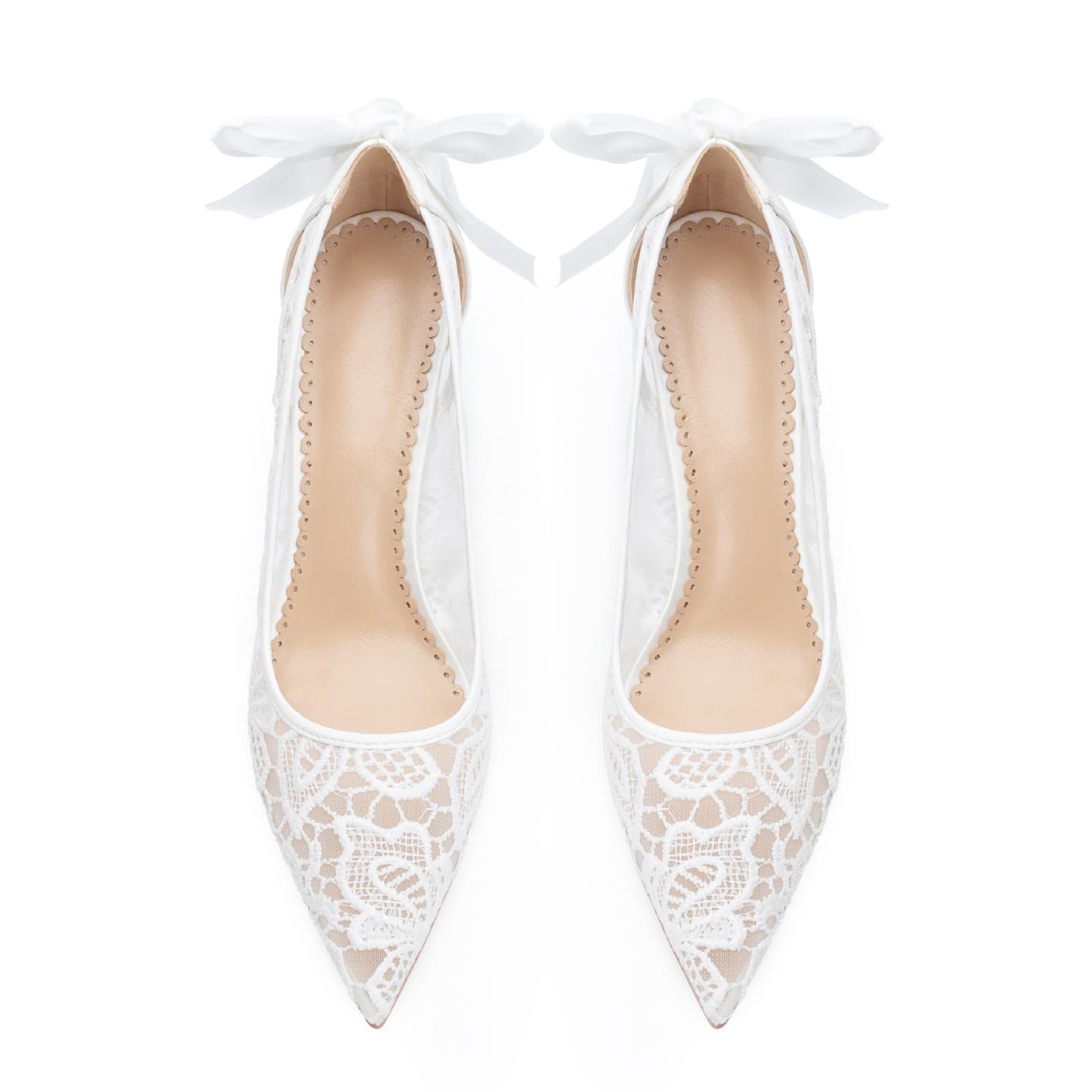 Elegant Lace Single Shoes for Women Pointed Toe Hollow Out Butterfly Knot Large Size Heels Sexy Silk Satin Wedding Shoes