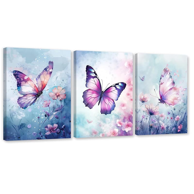 3-Piece Purple Butterfly Canvas Wall Art Butterfly Pattern Wall Decor Watercolor Painting for Girls Room Decoration