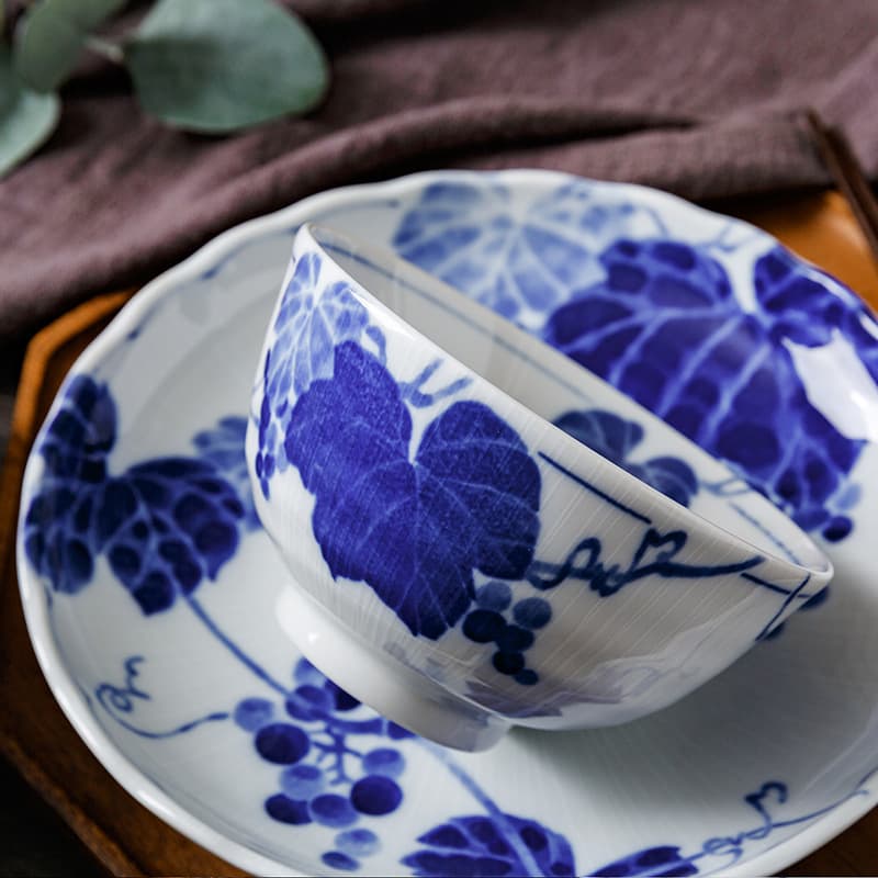 Japan imported Mino roasted grape tableware, underglaze colored ceramic rice bowl, blue painted ceramic deep plate, round plate