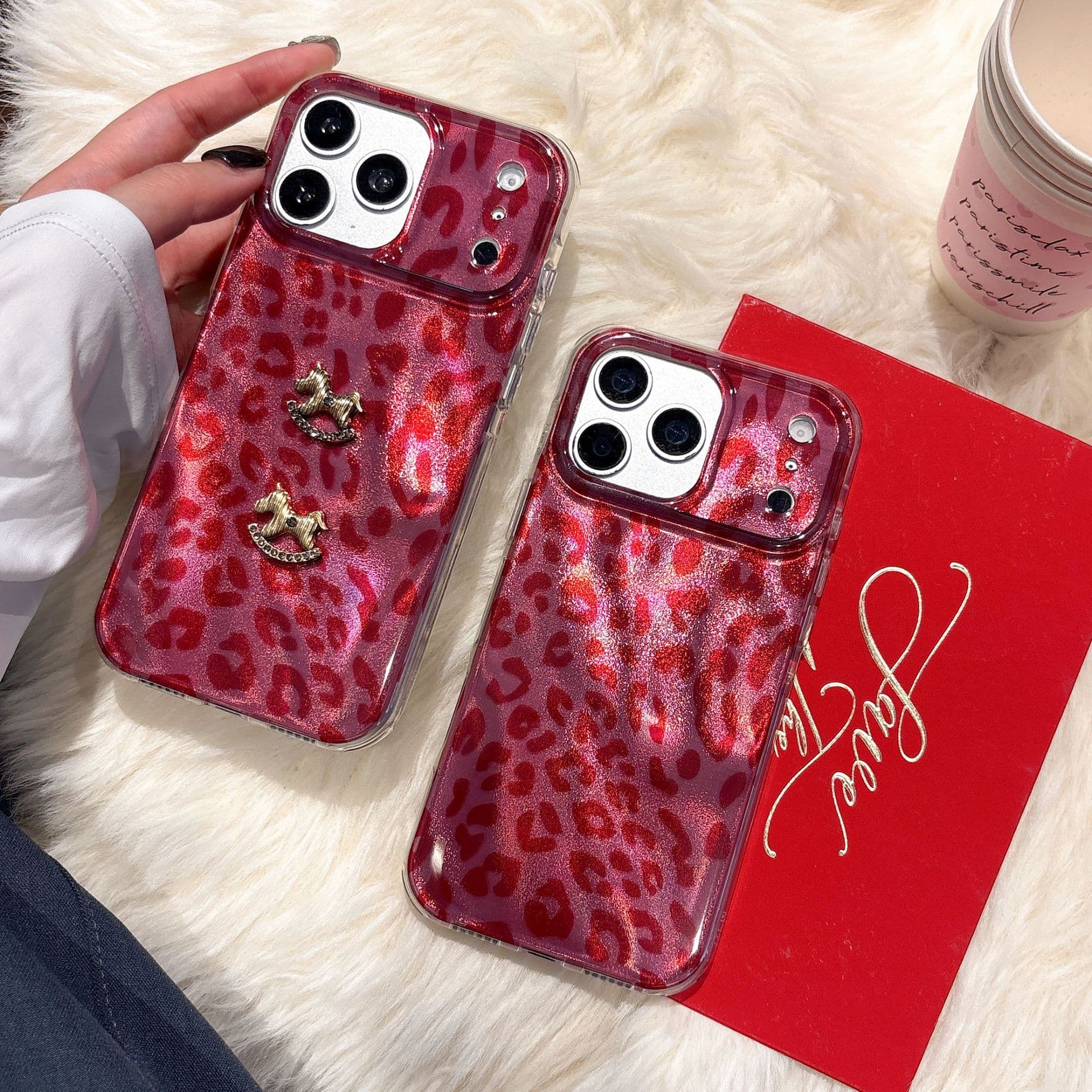 Large Window Double Layer IMD Red Leopard Print Compatible with iPhone 17 Pro Max Phone Case Apple Personalized Protective Cover