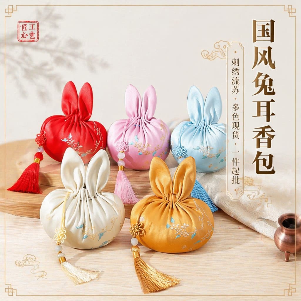 Mid-Autumn Festival Decoration Rabbit Sachet, Ancient Style Embroidered Portable Fragrance Bag, Blessing Pouch, Hanfu Accessory, Rabbit Ear Scented Bag, Small Pouch
