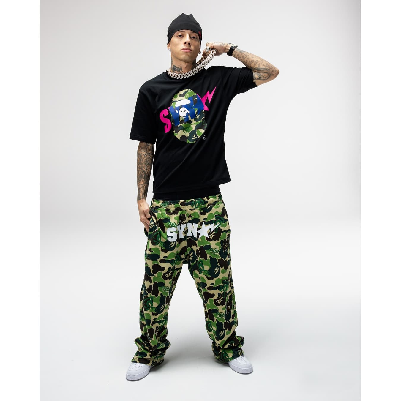 Central Cee's signature American street style Syna World collaboration hip-hop ape head print short-sleeve T-shirt trendy