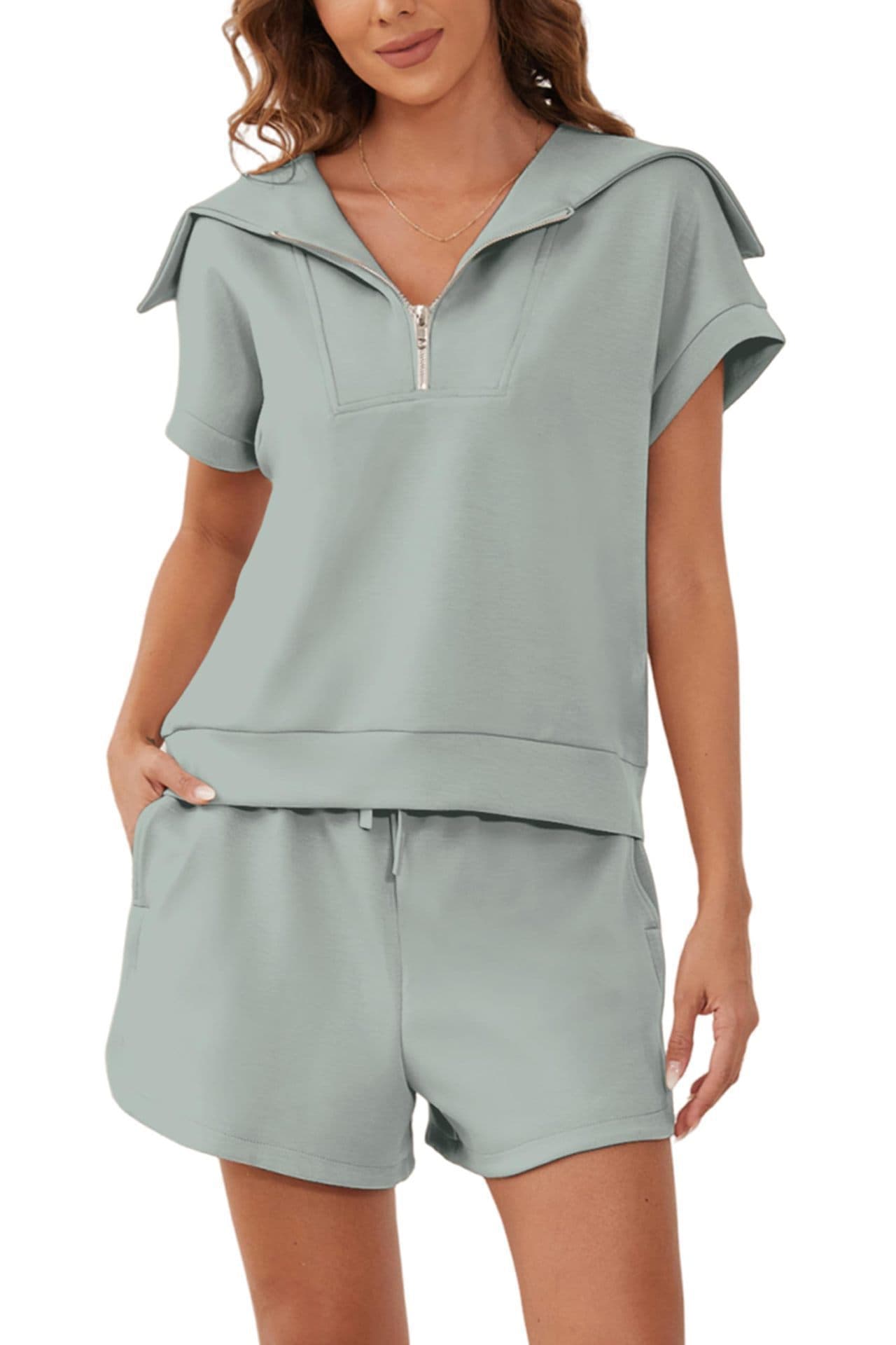 2025 European and American Amazon Summer New Women's 2-Piece Half-Zip Collar Short Sleeve Sweatshirt and Shorts Set