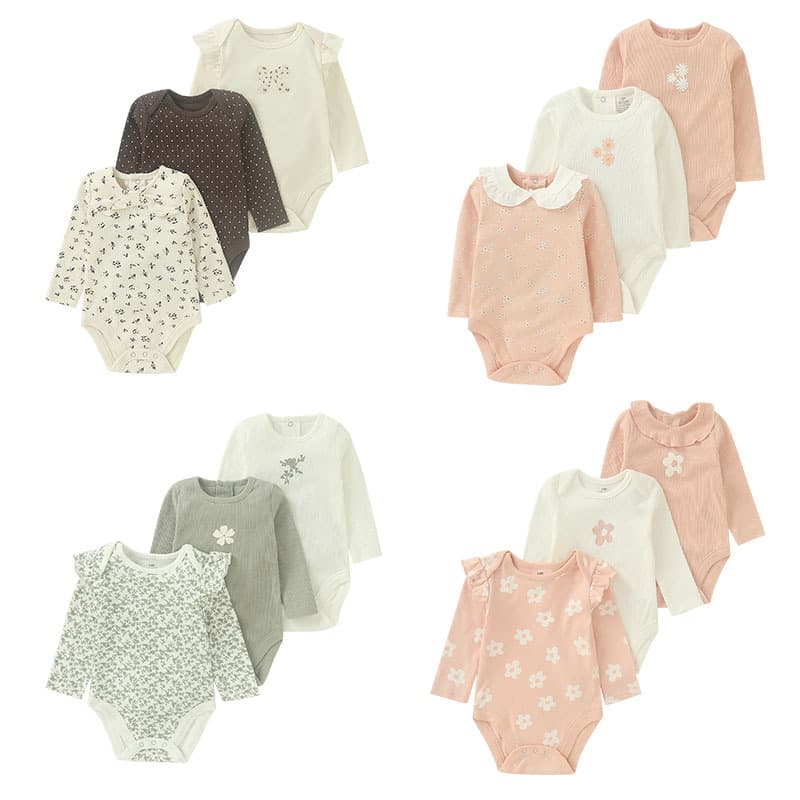 Spring Autumn Long Sleeve Bodysuit Stylish Girls Pink Floral Jumpsuit Crawling Suit 3-Piece Set Baby Lace Collar Onesie