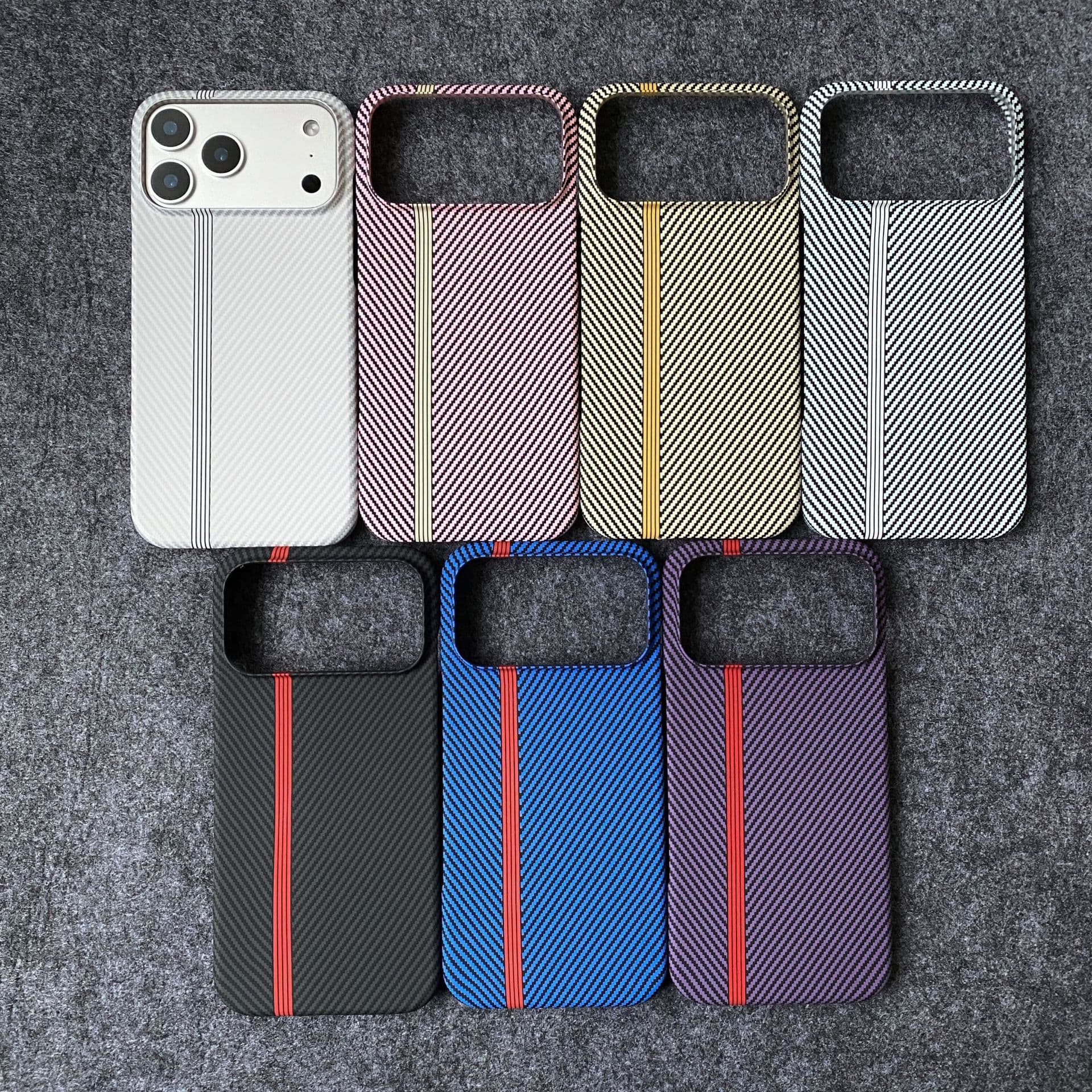 Kevlar Vertical Stripe Carbon Fiber Case for Apple 17 Pro Max, 16 Pro Max Premium Large Hole Protective Cover 15