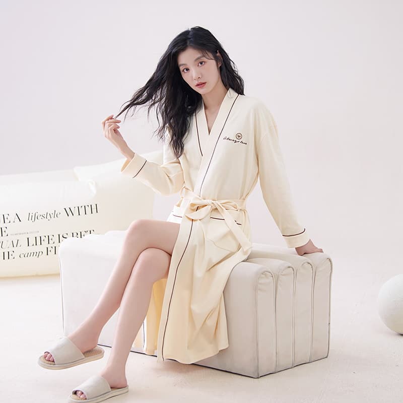 Class A Antibacterial 100% Cotton V-Neck Bathrobe Women Korean Loose Pajamas High-End Hotel Robe Spring Autumn