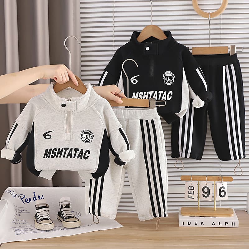 2026 New Boys' Fall/Winter Fleece-Lined Outfit Set, Stylish Baby Boys' Winter Half-Zip Sweatshirt Two-Piece Set, Trendy