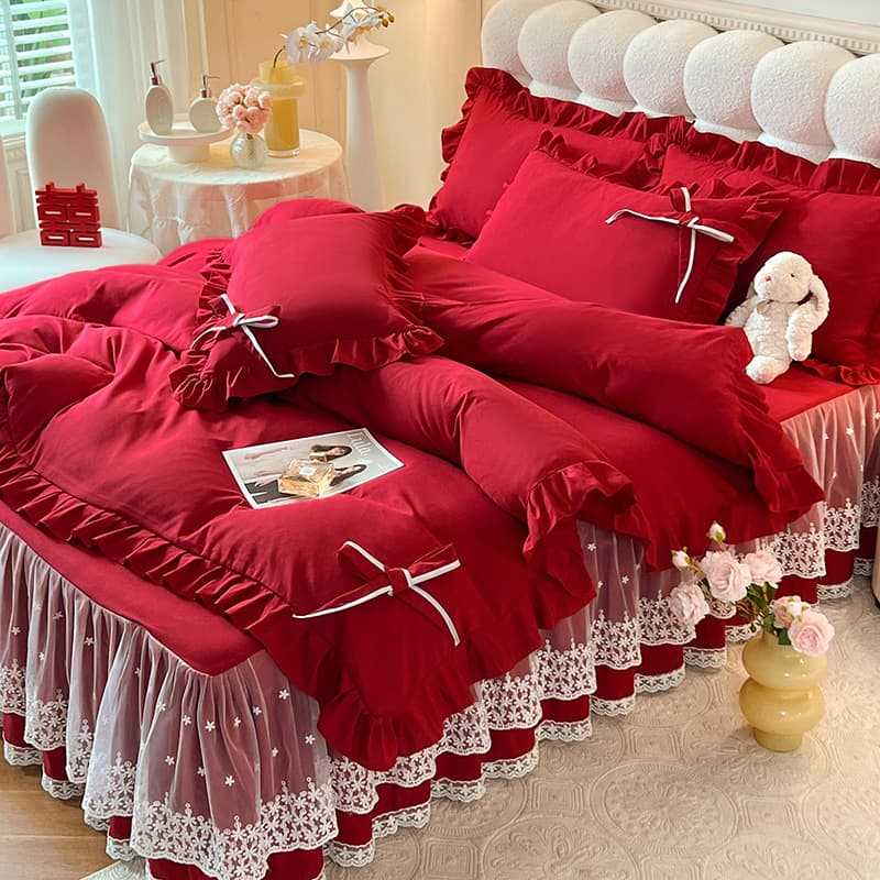 Cross-border Soft Skin-Friendly Cotton Bow Lace Princess Bed Skirt Bed Cover 4-Piece Set Bed Sheet 3-Piece Set Factory Wholesale