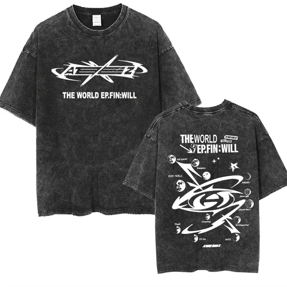 Ateez Fin Wjll Album Concert Korean Retro Washed T-Shirt Short Sleeve Round Neck Women's Fashion Top