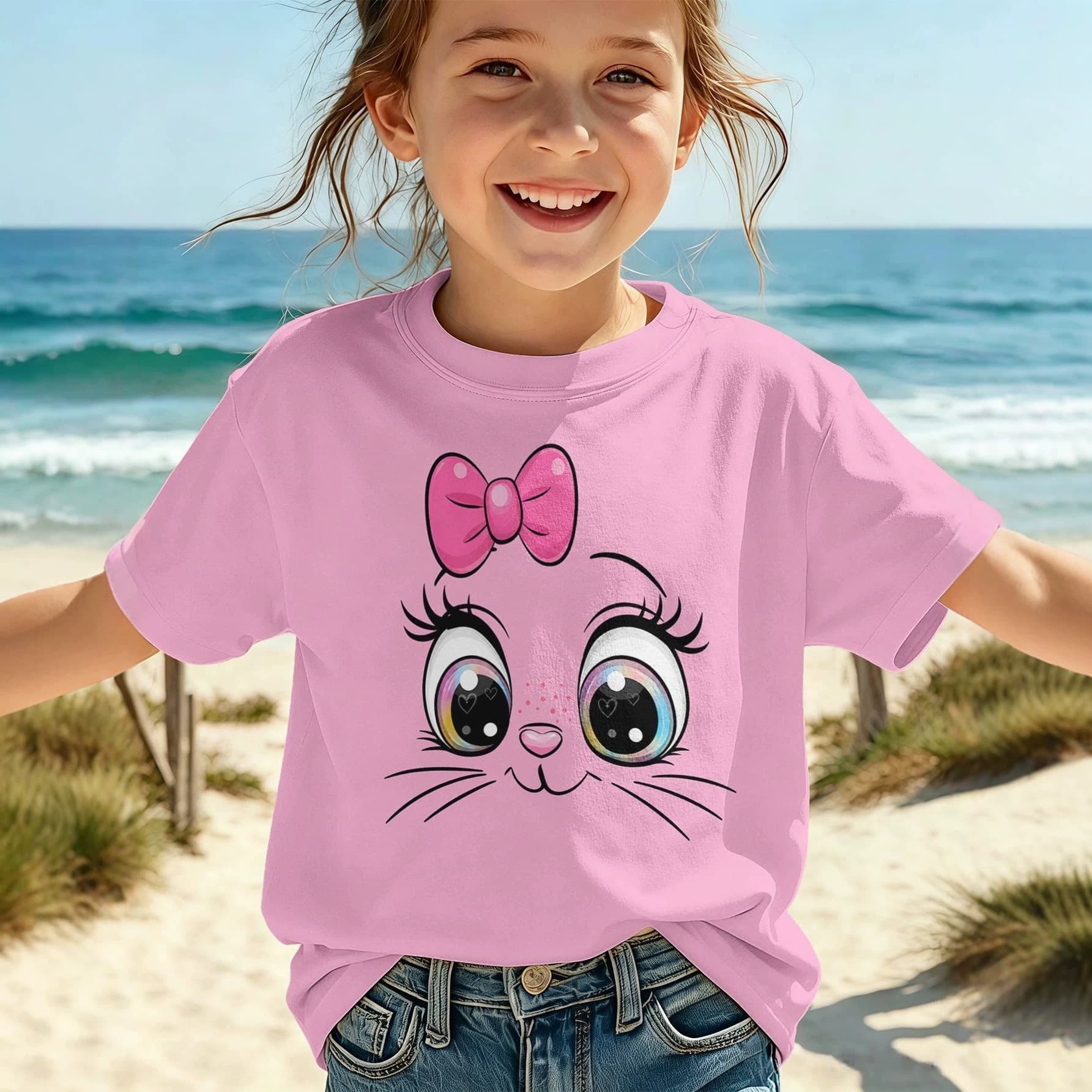 2026 New Summer Girls Animal Graffiti 3D Print T-Shirt, Soft Short Sleeve for Middle and Older Children, Wholesale