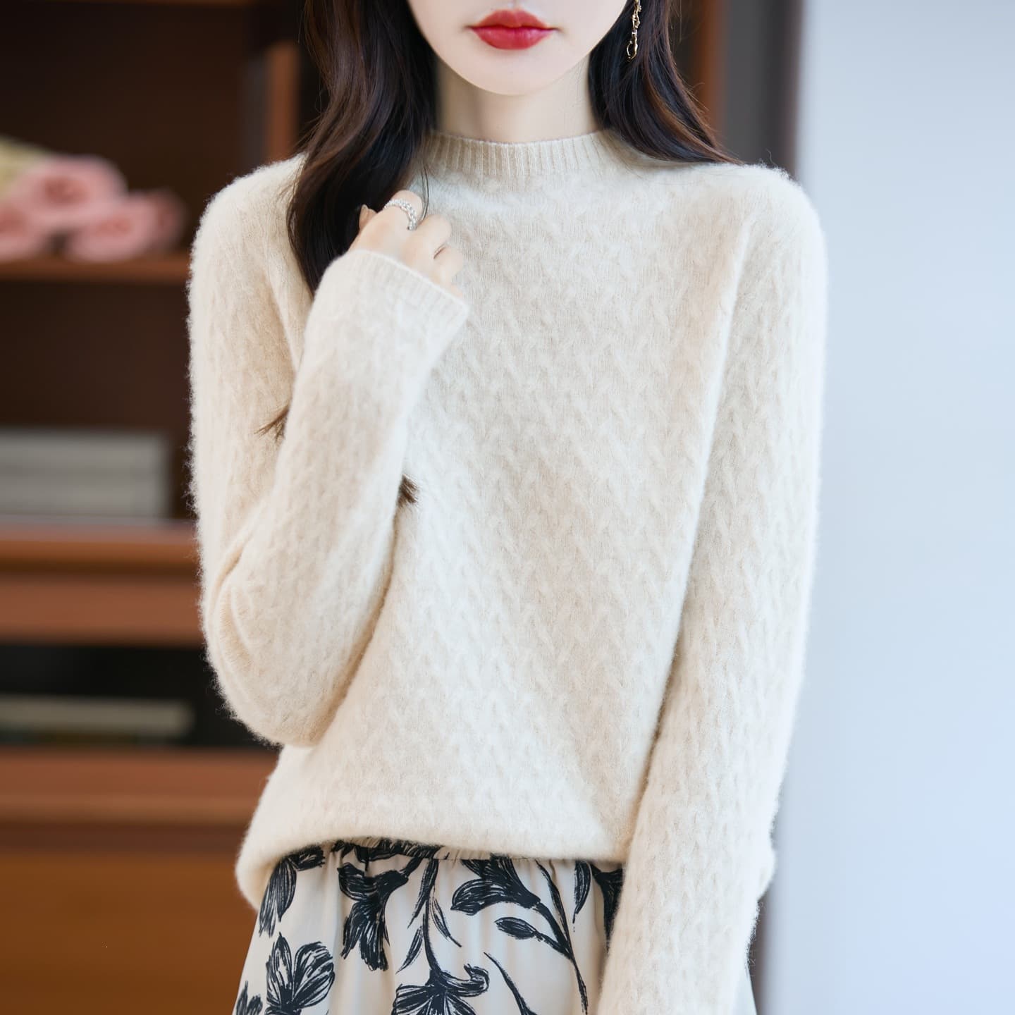 First-line ready-to-wear thickened jacquard 100% pure wool half turtleneck diamond-shaped wheat sweater loose and versatile soft waxy top