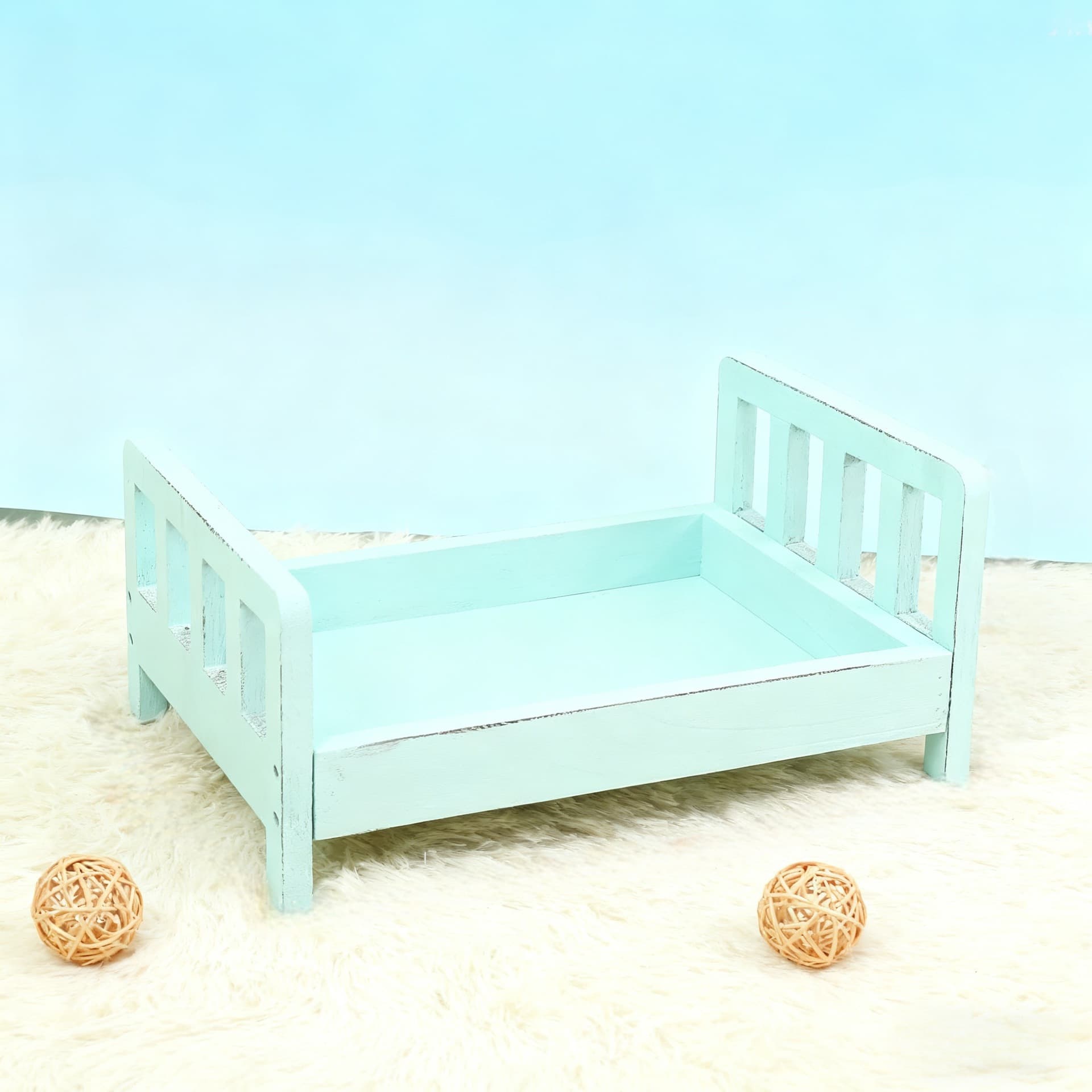 Vintage Baby Wooden Crib for Newborn Photography, 100 Days, Full Moon Baby Photo Prop for Studio