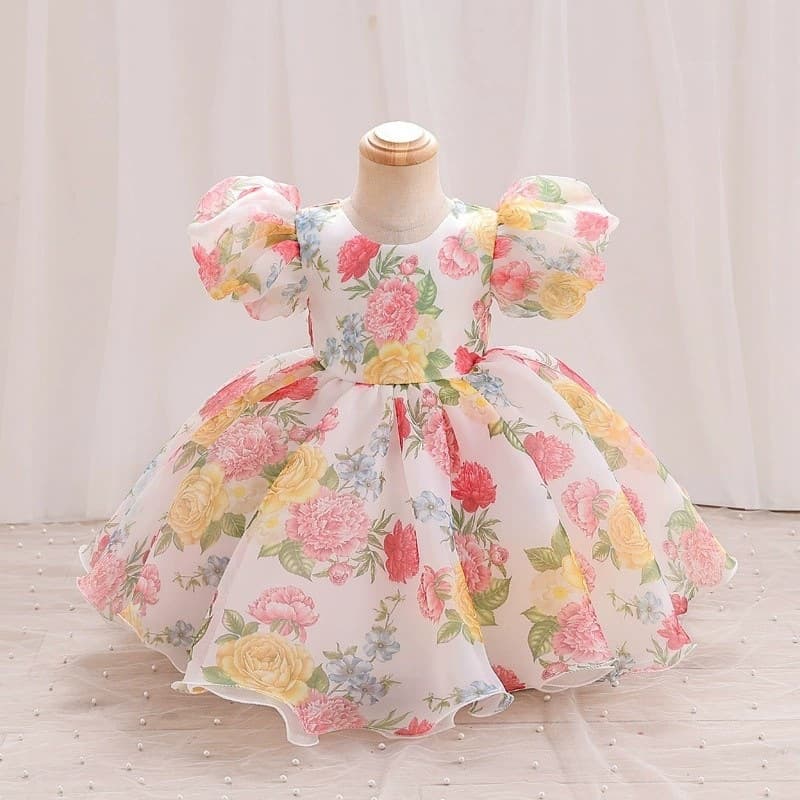 Girls Floral Princess Dress 2025 New Children's Gown Tutu Flower Girl Performance Dress Summer Short Sleeve