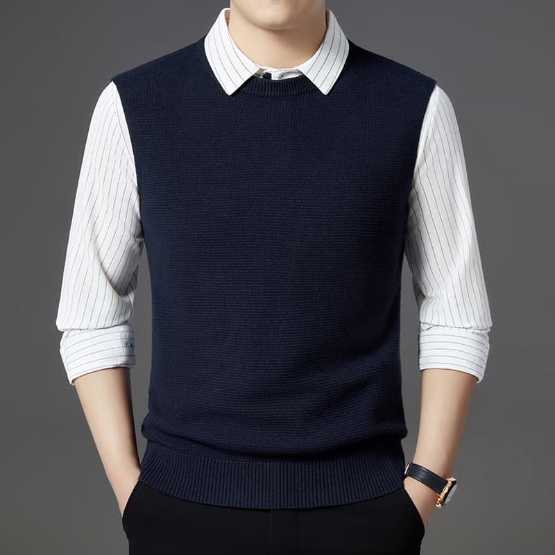 Luxury Autumn/Winter New Style Faux Two-Piece Men's Knitwear, Middle-Aged and Young Men's Lapel Long-Sleeved Casual Solid Color Base Sweater