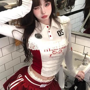 Luxury Pure Ballet American Sweet Spicy Lace T-Shirt Women's Early Autumn Slim Fit Polo Crop Top Youthful